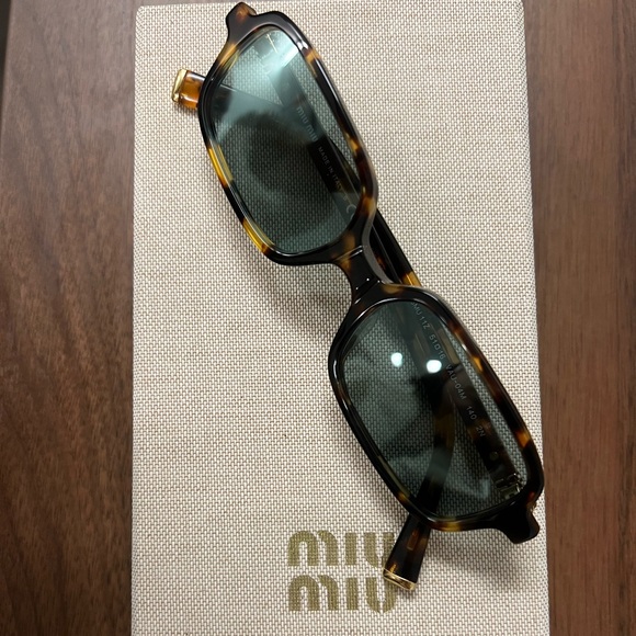 Miu Miu Accessories - Miu Miu Tortoiseshell Rectangular Sunglasses with Green Lenses